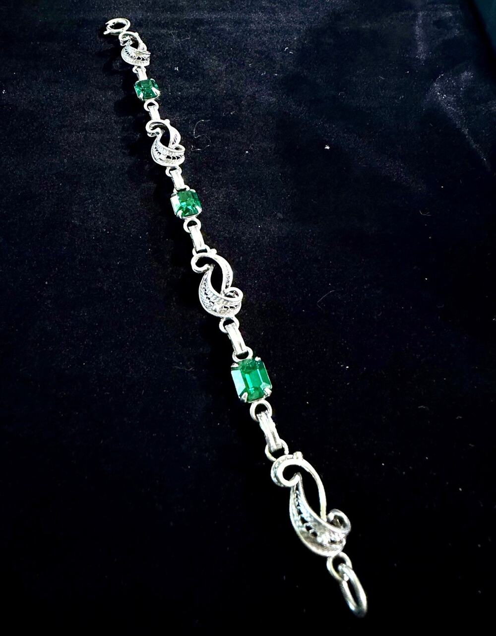 Vintage Sterling Silver Filigree Bracelet, Emerald-Cut Green Glass Stones